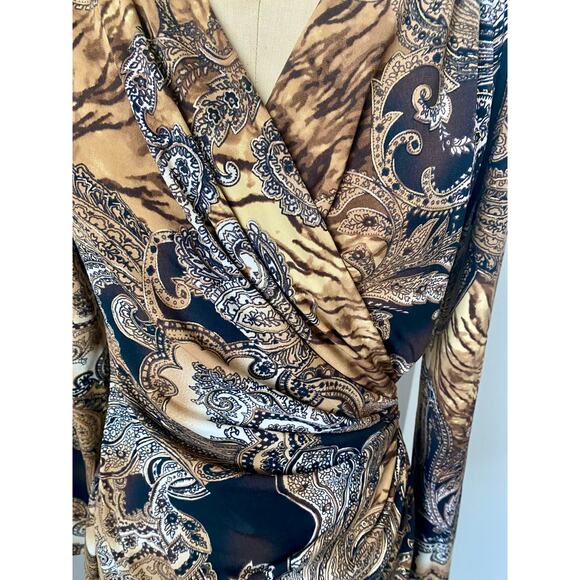 Cache Paisley Vintage Faux Wrap Dress with Gold Beaded Shoulders size S - Picture 3 of 10